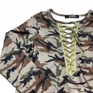 yoins | camo lace up long sleeve top S